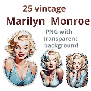 25 Marilyn Monroe vintage PNG with transparent background Hollywood Drawing Portrait Illustration Stickers