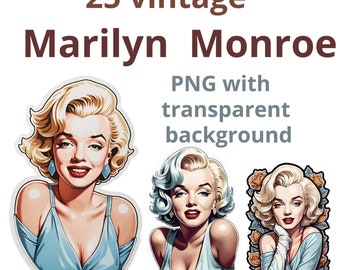 25 Marilyn Monroe vintage PNG z przezroczystym tłem Hollywood Rysunek Portret Ilustracja Naklejki
