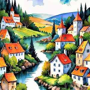 Naive Home Painting Printable Beauty of Naive Art Bold Colors Quirky Village High-Resolution Printable 2:3 Format 16 separate PDF files