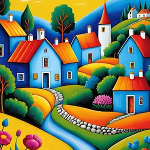 Naive Home Painting Printable Beauty of Naive Art Bold Colors Quirky Village High-Resolution Printable 2:3 Format 16 separate PDF files