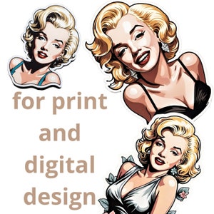 May include: Three digital illustrations of Marilyn Monroe in different poses. Each illustration features her signature blonde hair and a glamorous look. The illustrations are perfect for print and digital design projects.