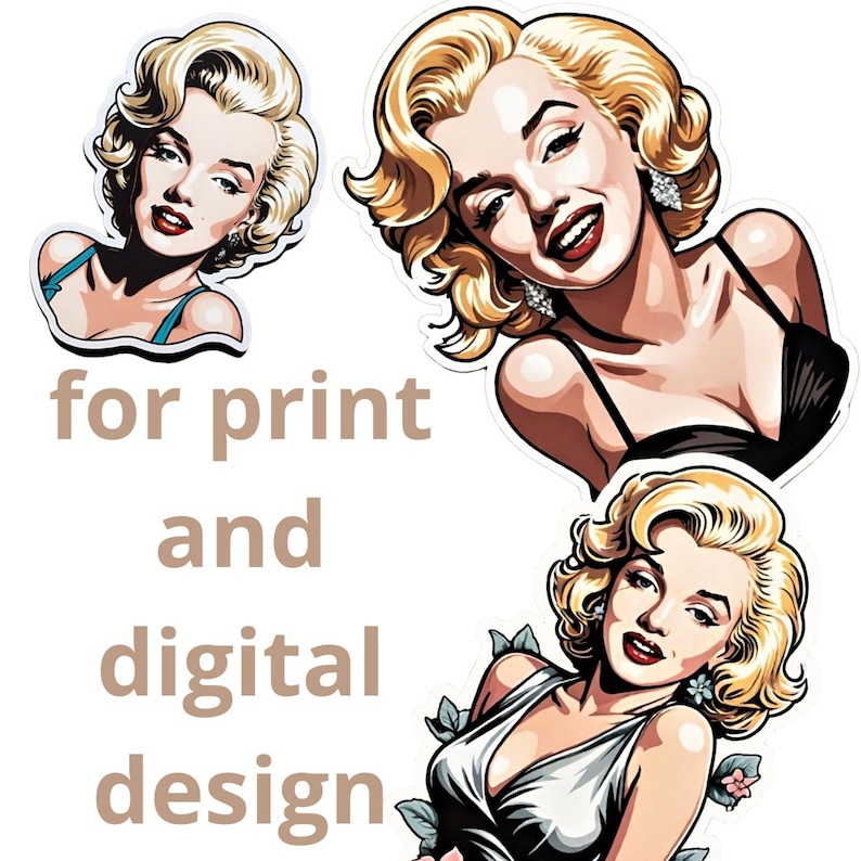 May include: Three digital illustrations of Marilyn Monroe in different poses. Each illustration features her signature blonde hair and a glamorous look. The illustrations are perfect for print and digital design projects.