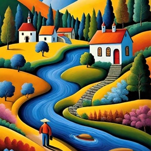 Naive Home Painting Printable Beauty of Naive Art Bold Colors Quirky Village High-Resolution Printable 2:3 Format 30 separate PDF files