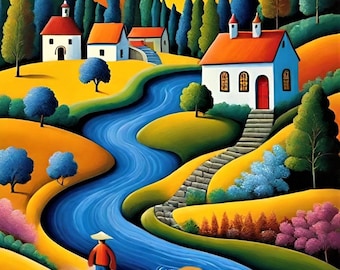 Naive Art Home Painting, Bold Colors Village Print (PDF Files)