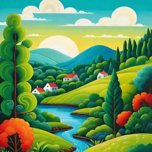 Naive Home Painting Printable Beauty of Naive Art Bold Colors Quirky Village High-Resolution Printable 2:3 Format 18  separate PDF files