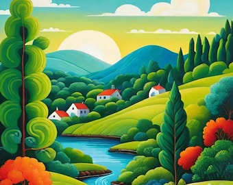 Naive Art Village Painting Printable | Colorful Landscape (PDF Files)