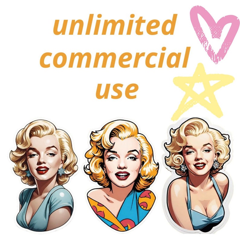 May include: Three digital illustrations of Marilyn Monroe with different hairstyles and outfits. The illustrations are in a cartoon style and have a white background. The text "unlimited commercial use" is written in orange above the illustrations.