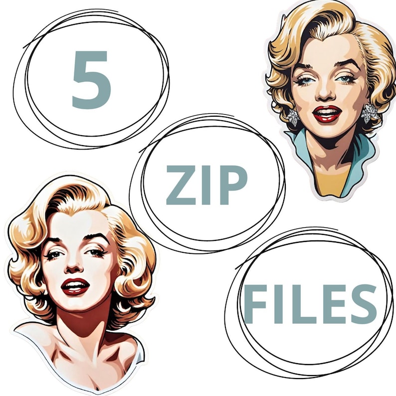May include: Five black and white circles with text inside. The circles contain the text "5", "ZIP", and "FILES". There are two images of a woman with blonde hair and red lips.