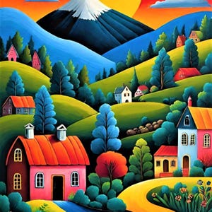 Naive Home Painting Printable Beauty of Naive Art Bold Colors Quirky Village High-Resolution Printable 2:3 Format 18 separate PDF files