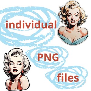 May include: Two digital illustrations of a woman with blonde hair and red lipstick. The woman on the left is wearing a red dress. The woman on the right is wearing a blue dress. The text "individual PNG files" is written in red on a blue background.