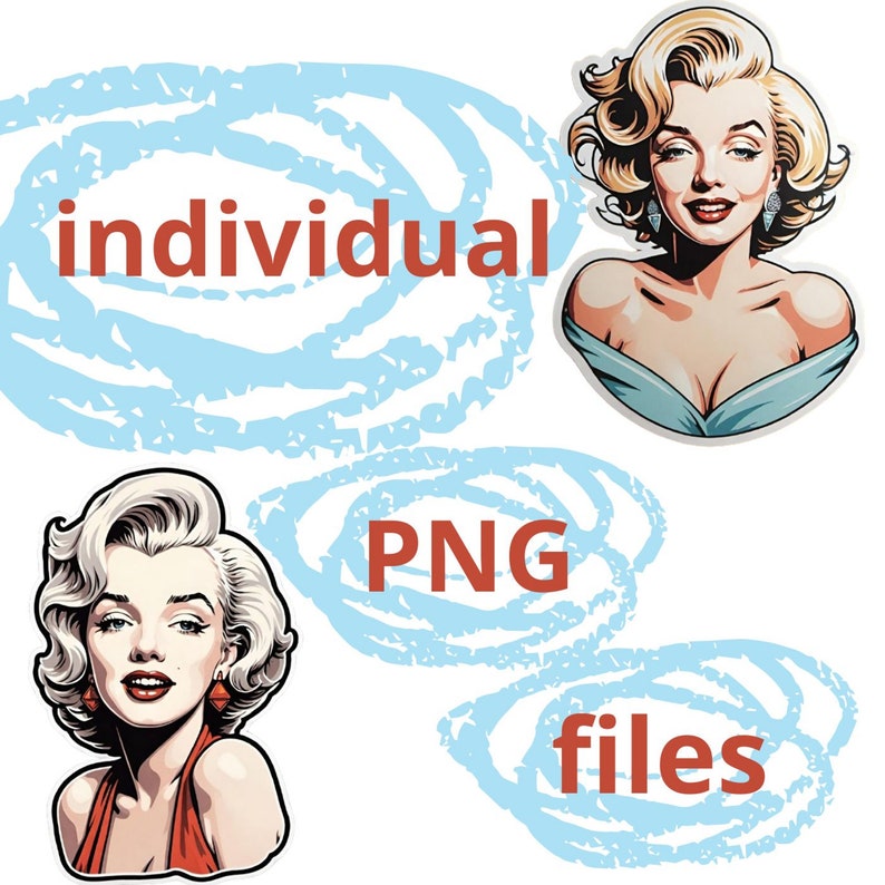 May include: Two digital illustrations of a woman with blonde hair and red lipstick. The woman on the left is wearing a red dress. The woman on the right is wearing a blue dress. The text "individual PNG files" is written in red on a blue background.