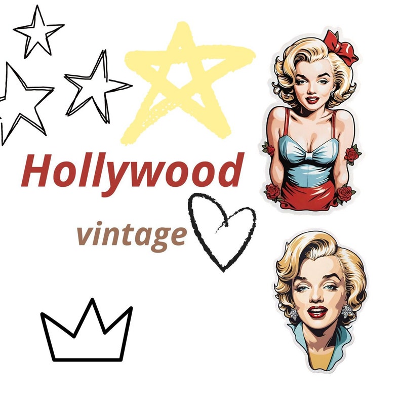 May include: A digital illustration of a vintage Hollywood theme with a yellow star, two black stars, a black crown, a black heart, and two images of a woman with blonde hair. The text "Hollywood vintage" is written in red and brown.