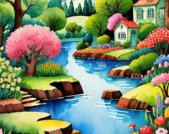 Naive Home Painting Printable Beauty of Naive Art Bold Colors Spring garden High-Resolution Printable 2:3 Format 21 separate PDF files