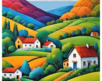 Naive Art Home Print | Quirky Village, Bold Colors (PDF Files)