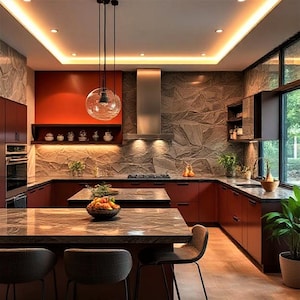 Puede incluir: Una cocina moderna con gabinetes rojo oscuro, paredes con aspecto de piedra y una gran isla con encimera de mármol. Una lámpara colgante de globo de cristal cuelga sobre la isla. La cocina cuenta con un horno empotrado y una campana extractora de acero inoxidable.
