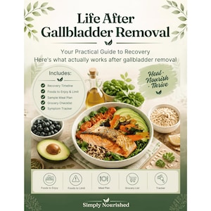 May include: A digital guide titled Life After Gallbladder Removal featuring a bowl of salmon, avocado, and vegetables. It includes sections for a recovery timeline, foods to enjoy and limit, a sample meal plan, a grocery checklist, and a symptom tracker.