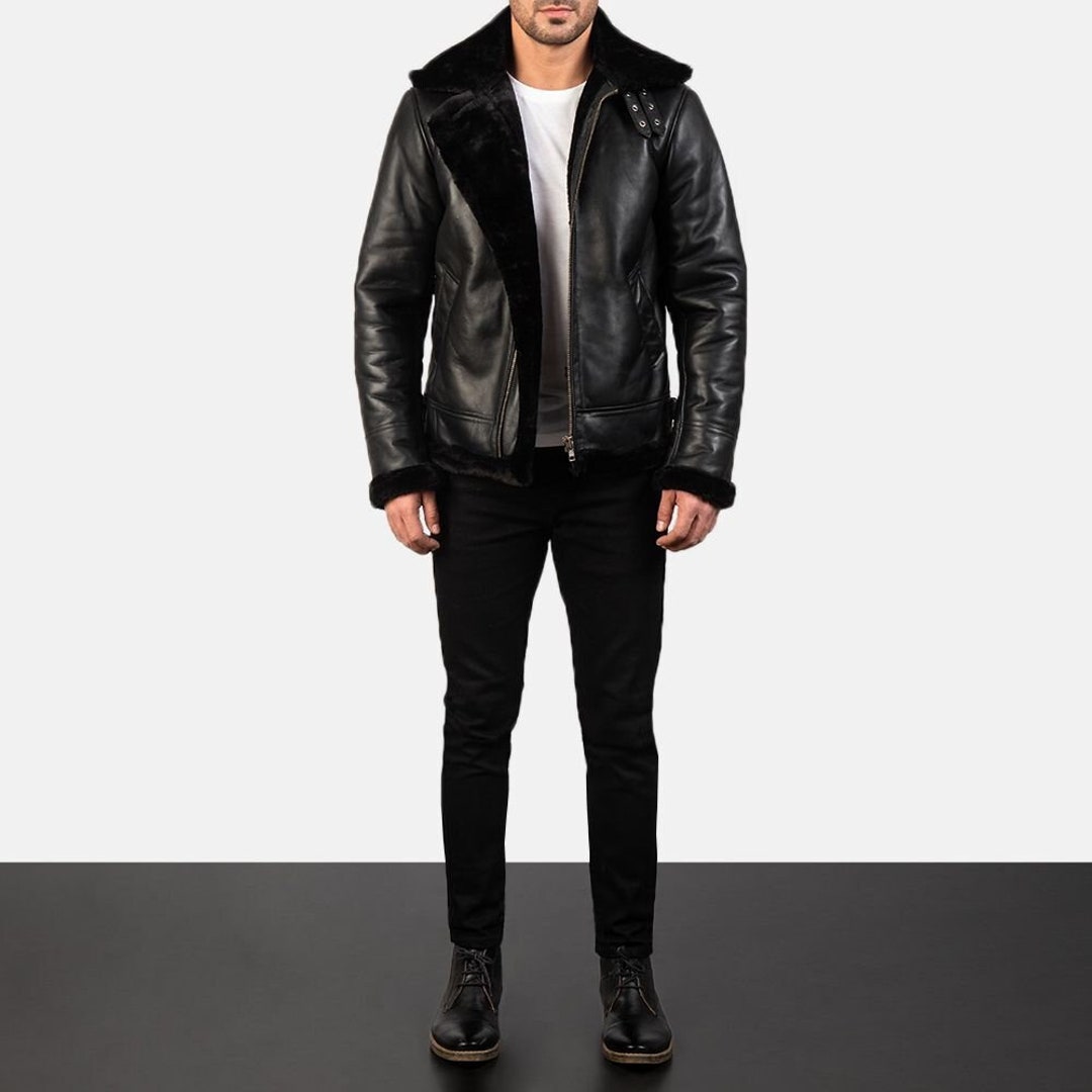 Black Leather Flight Jacket for Men. Black Fur Jacket Leather - Etsy