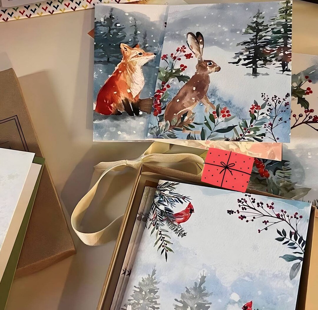 12 Note Card Gift Set Watercolor Winter Woodland Animals Etsy