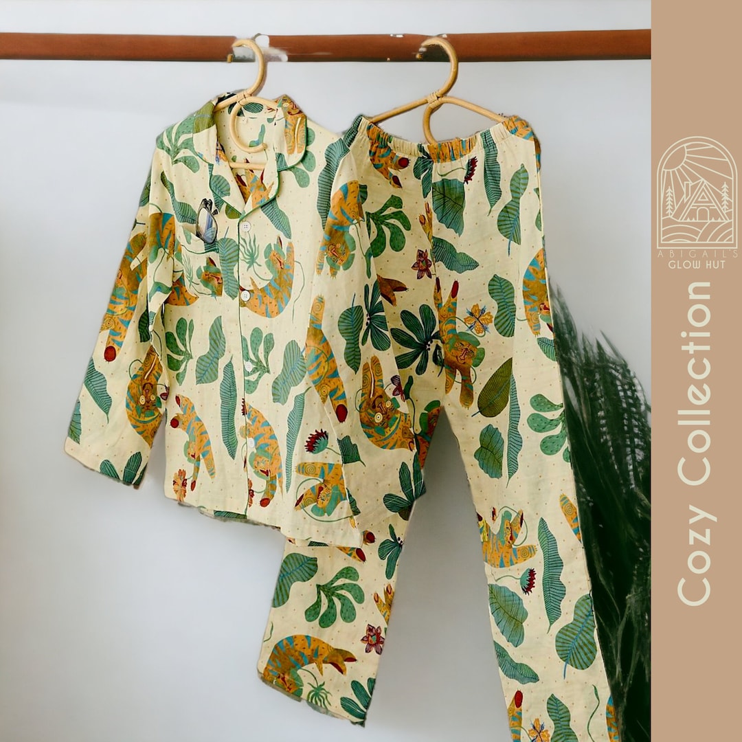 Tiger Print Pyjama Set Green and Orange PJ Set Pajama Shirt and Trouser