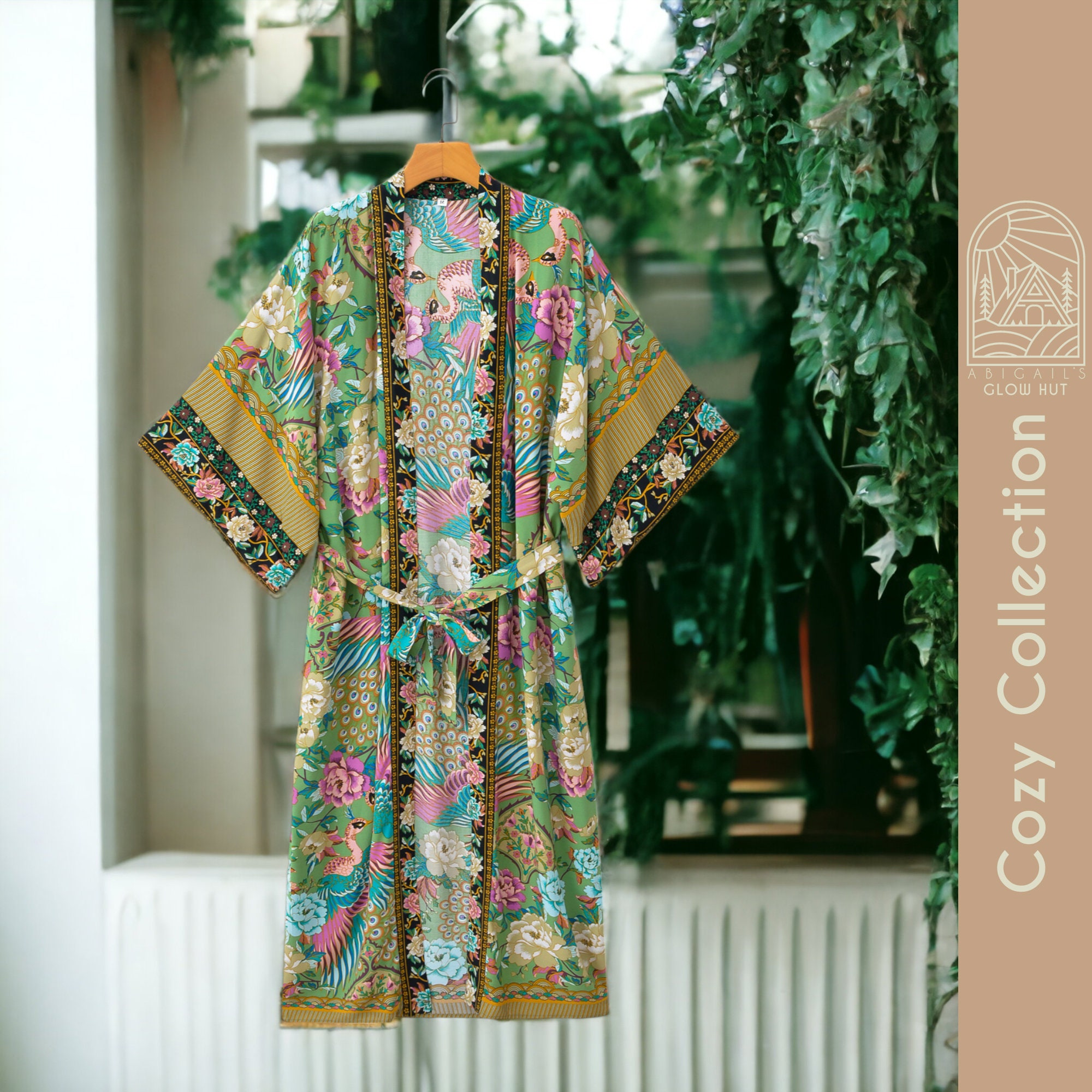 Green Floral Silk Kimono Robe Jungle Style Robe Flamingo Pajamas Green