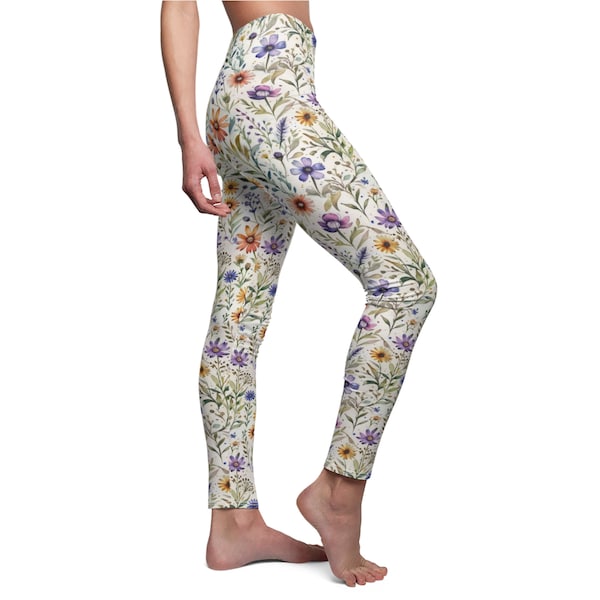 Legging bohème à fleurs sauvages | Pantalon de yoga floral Cottagecore | Legging bohème | Mode des années 70 | Pantalon fleurs sauvages | Leggings d'été