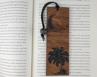 Crescent Moon Bookmark Palm Tree Bookmark Wood Bookmark Beach Themed Bookmark Moon and Palm Tree Bookmark with Bead Rustic Brown and Black