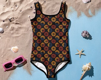 Dark Geometric Floral Boho One-Piece Kids Swimsuit