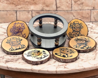 Rustic Highland Cow Coasters with Holder Laser Engraved Highland Cow Coasters Whimsical Highland Cow Coasters