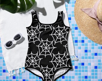 Dark Gothic Spider Web One-Piece Youth Swimsuit