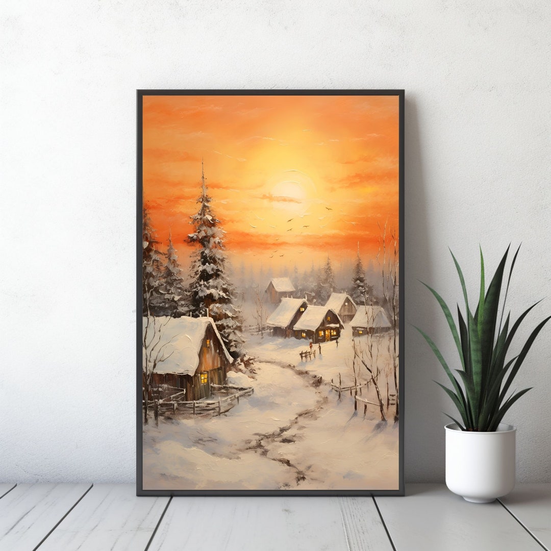 Rustic Christmas Wall Art Village Santa Christmas Moodly Oil Etsy