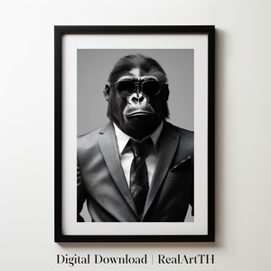 Gorilla in suit printable wall Art | Gorilla Printable | Instant Download  | Moodly Art | Cool Gorilla | Gorilla Portrait | Black and white