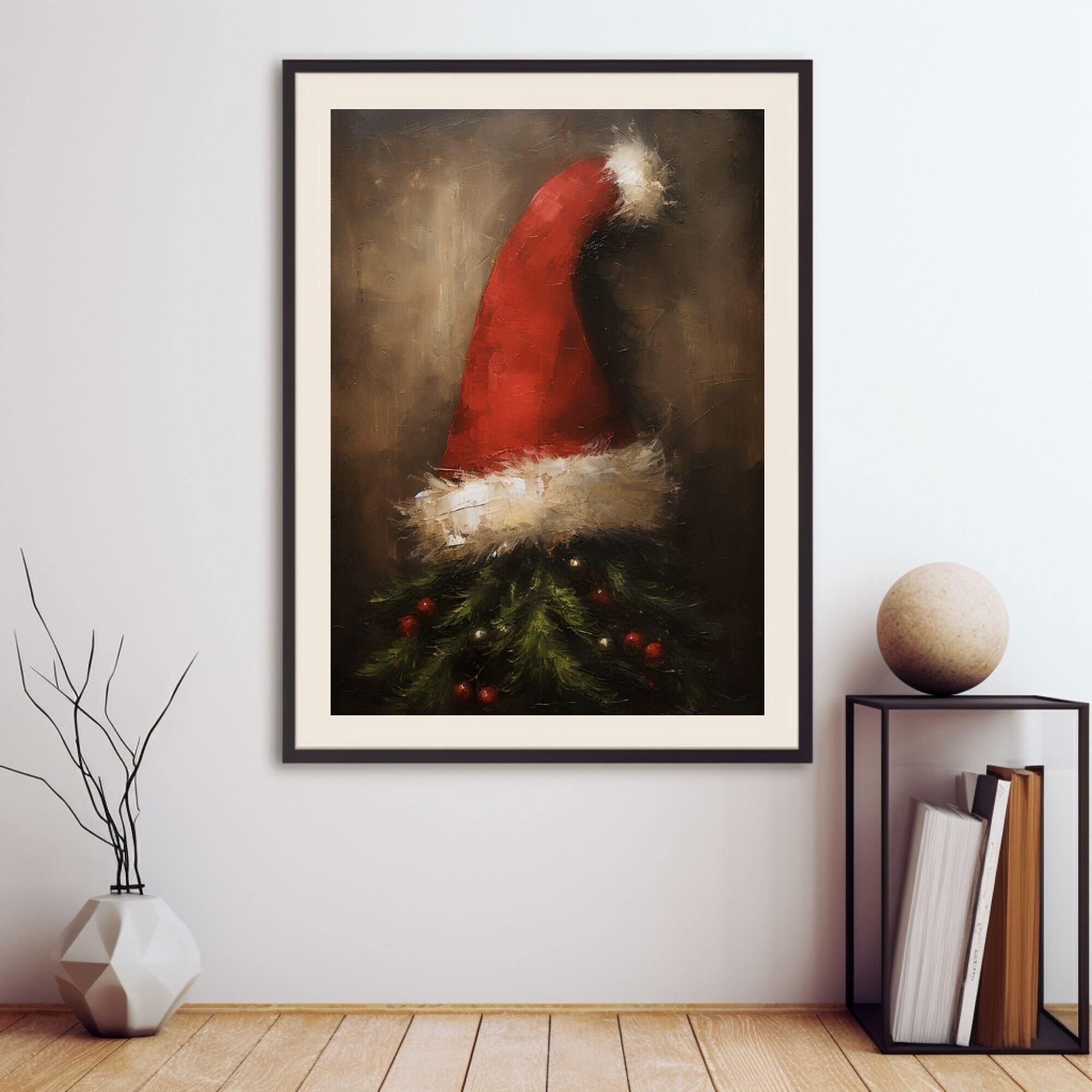 Winter Christmas Wall Decor Printable Christmas Hat Oil Painting, Vintage Christmas Art