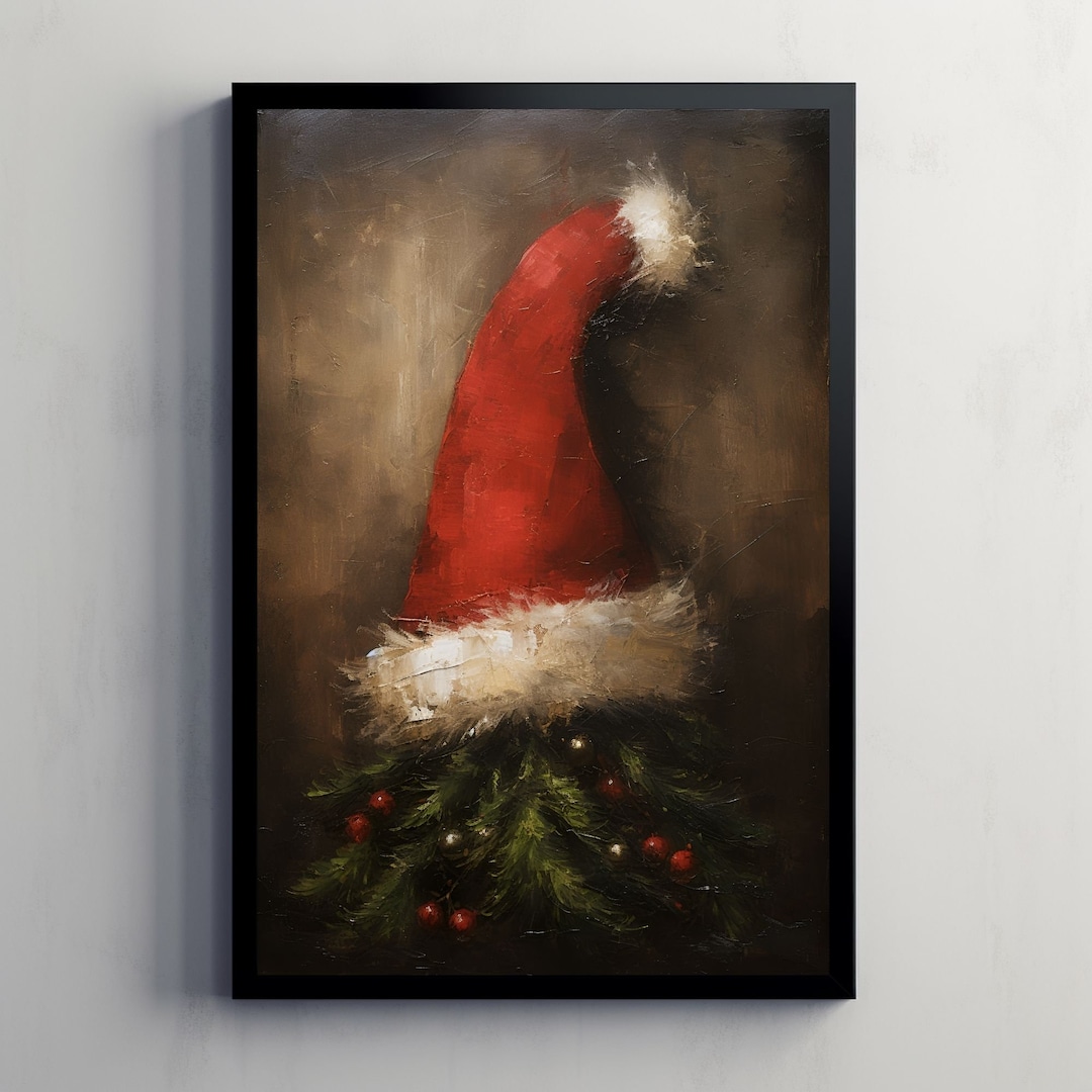 Winter Christmas Wall Decor Printable Christmas Hat Oil Painting, Vintage Christmas Art