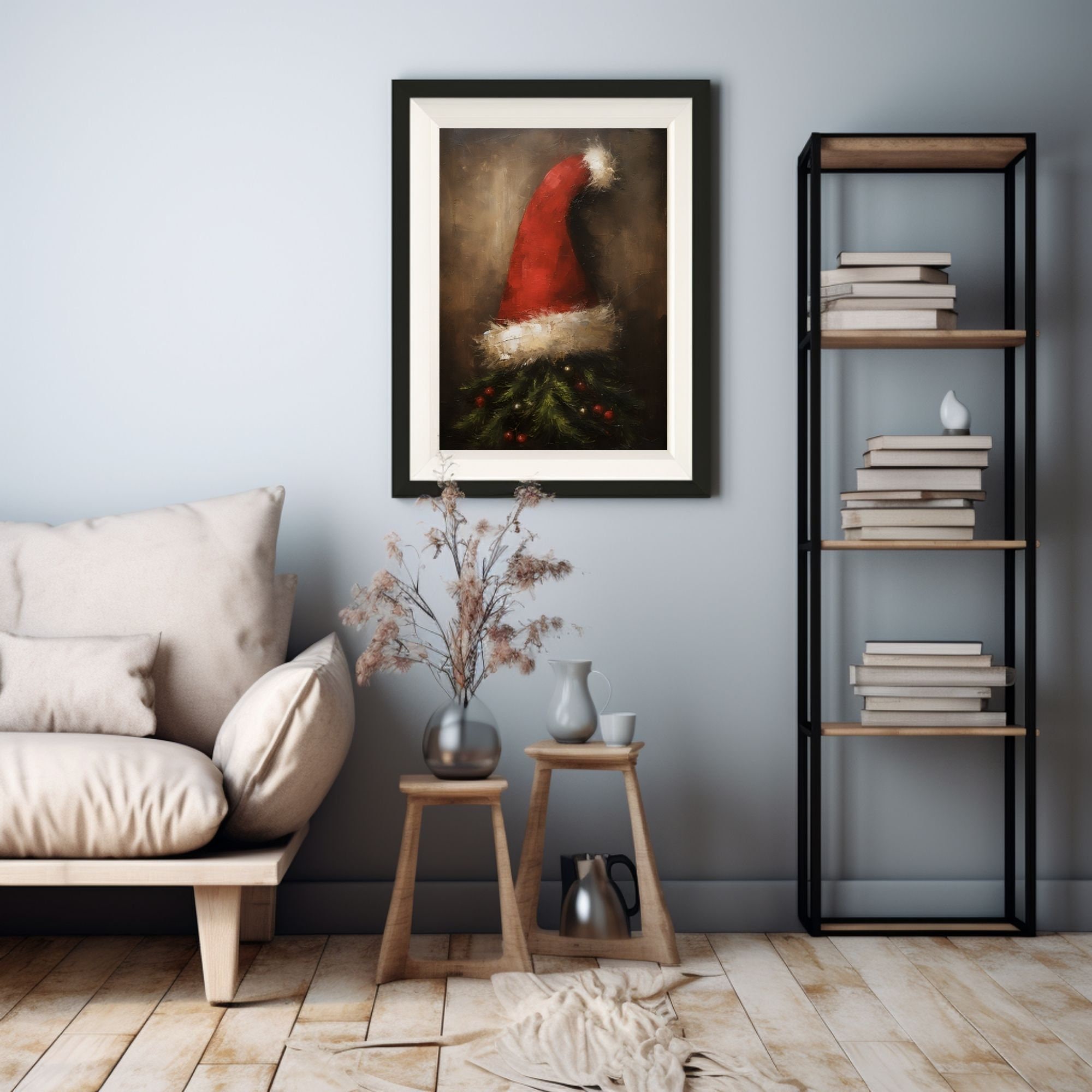 Winter Christmas Wall Decor Printable Christmas Hat Oil Painting, Vintage Christmas Art