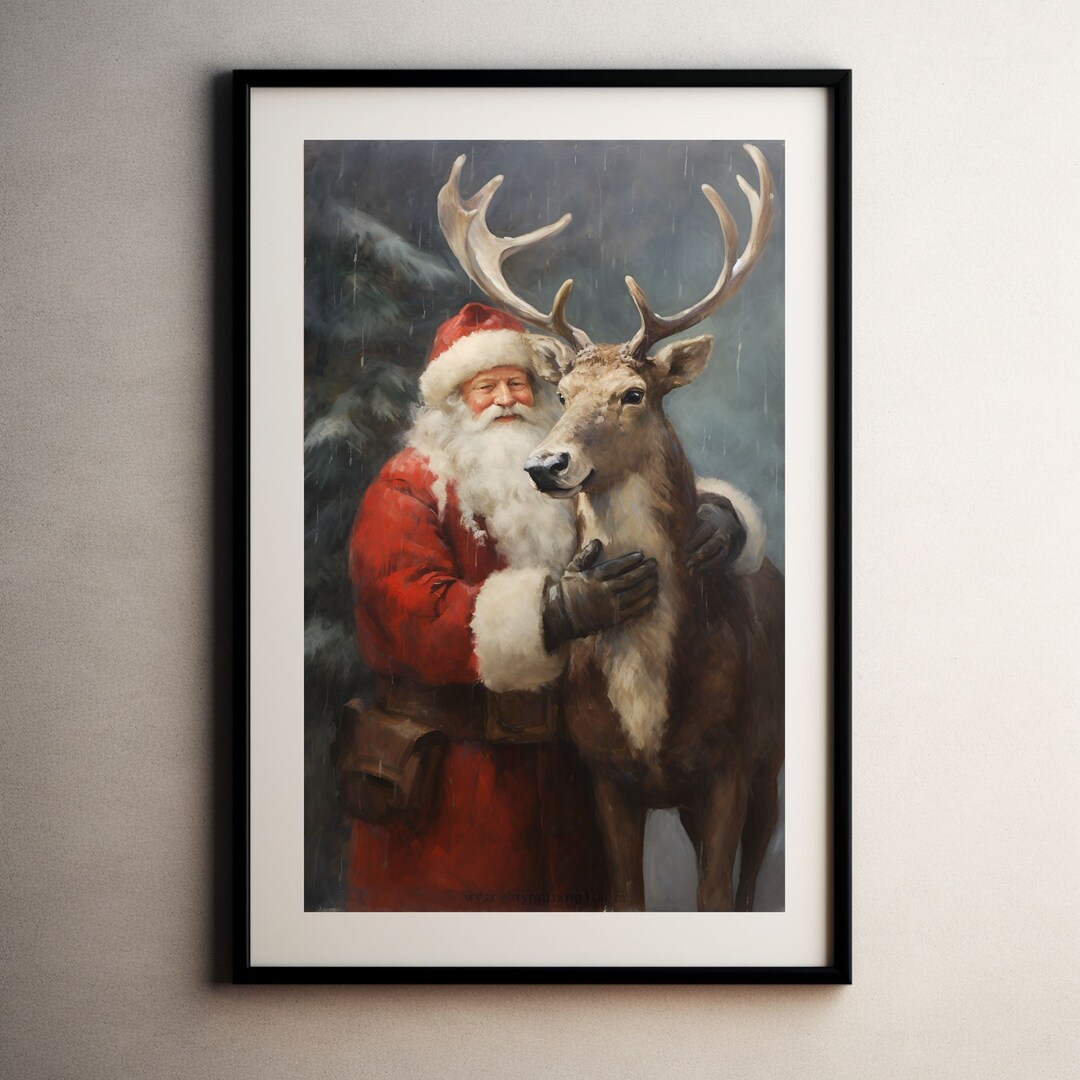 Rustic Christmas Wall Art Santa and Reindeer Printable Christmas Oil