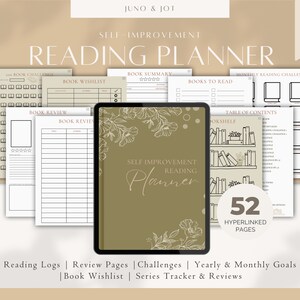 Könnte beinhalten: Ein digitaler Planer für Selbstverbesserung und Lesen, mit braunem Hintergrund und floralen Illustrationen. Der Planer enthält Abschnitte für Buchherausforderungen, Wunschlisten, Rezensionen und monatliche Leseziele. Er verfügt außerdem über ein Inhaltsverzeichnis und eine Illustration eines Bücherregals. Der Text "Self-Improvement Reading Planner" ist in einer dekorativen Schriftart geschrieben. Der Planer hat 52 verlinkte Seiten.
