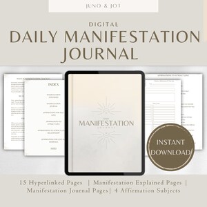Könnte beinhalten: Digitales tägliches Manifestationsjournal mit 15 verlinkten Seiten, darunter ein Abschnitt zur Erklärung der Manifestation, Journalseiten und 4 Affirmationsbereiche. Das Journal steht zum sofortigen Download bereit. Verwenden Sie es mit Goodnotes, als PDF oder in anderen Notiz-Apps.
