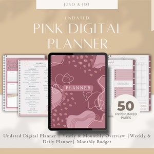 May include: Pink digital planner with a pink and white abstract design. The planner includes yearly, monthly, and weekly views, as well as a monthly budget section. It has 50 hyperlinked pages.
