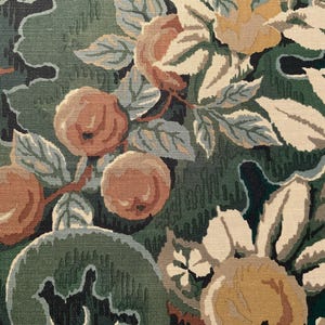 Brunschwig & Fils “Filoli Gardens”,rich and colorful hand print with foliage and fruit in shades of green and yellow. Three cuttings 120.00.