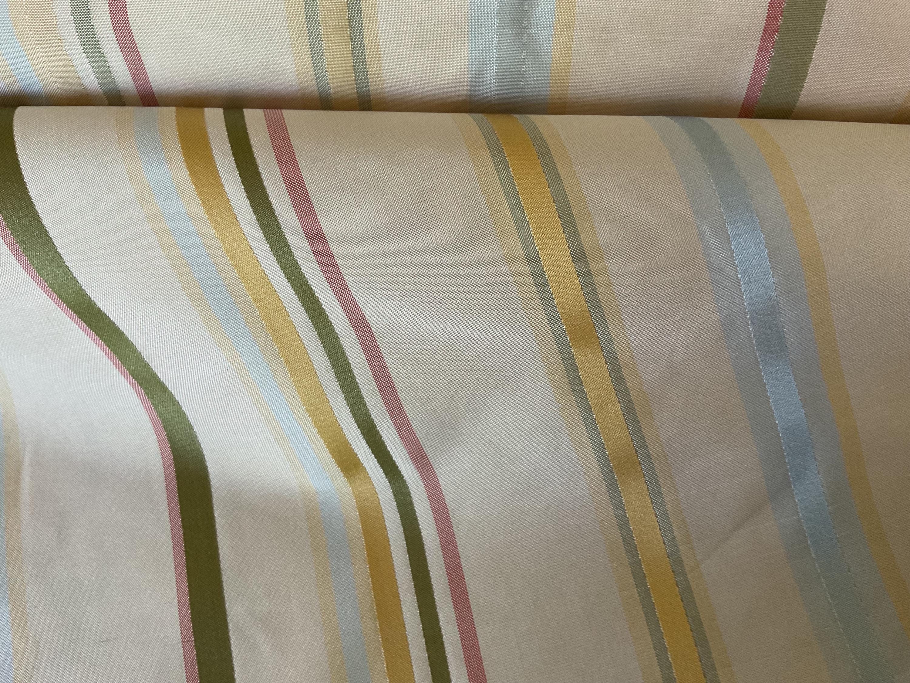 Silk taffeta stripe with satin ribbons in pink, green, yellow and blue on ivory background.  6 yards available, 95.00 a yard. 2 yard minimum