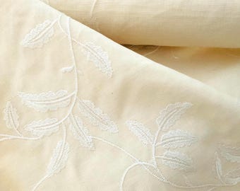 Embroidered Ivory Linen Fabric White Leaf Design.  5 yards available.  2 yard minimum purchase.