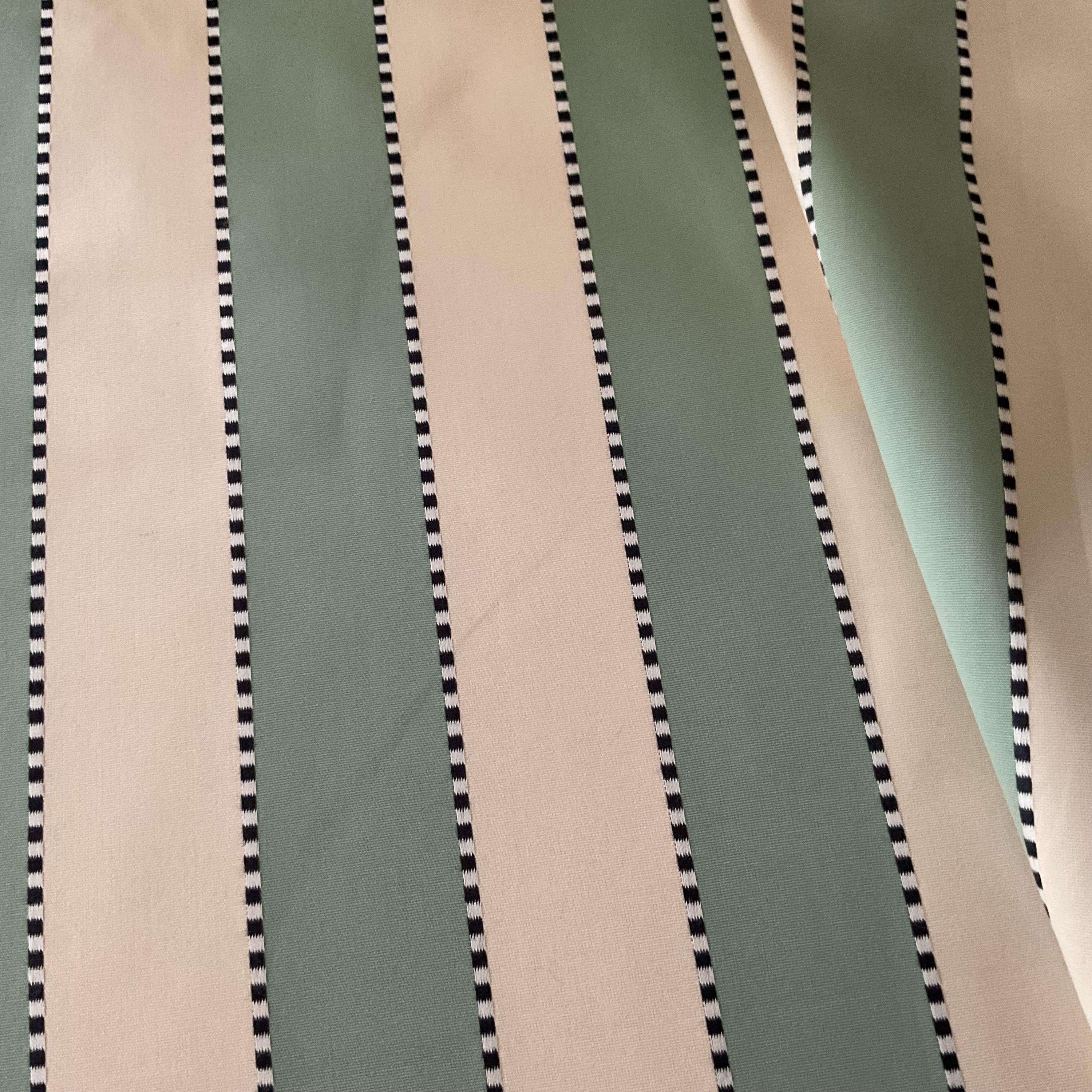 Pierre Frey “Faucigny Rayure” stripe in green and ivory.  One single piece 34 inches wide by 27 inches long. 60.00