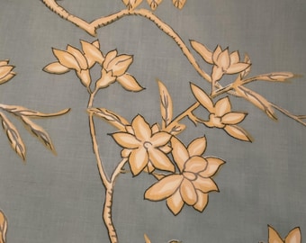 Cotton Chintz Floral Fabric Beige White Flowers, Blue Background.  9 Yards available.