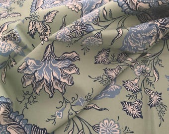 Manuel Canovas "Dorine" Fabric. Spirals, Blue Carnations, Pomegranates, on Green background.  One Yard Piece.