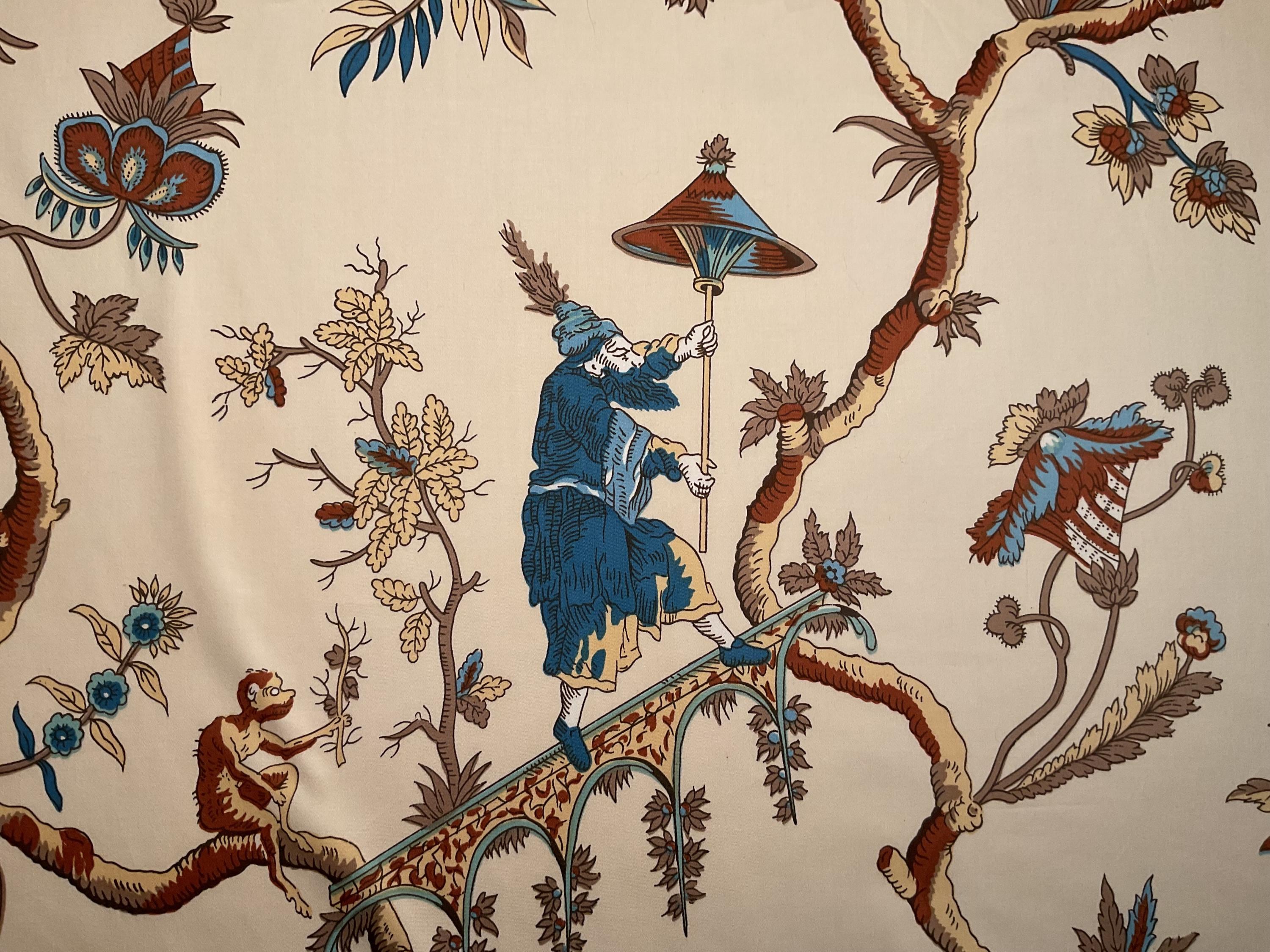 Scalamandre, Old World Weavers, A.L. Diament, a rare polished cotton fabric, pattern “Chinaman in Swing”.  One single 3 yard piece. 425.00