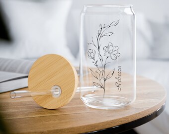 Vaso de cristal de flor de nacimiento personalizado con tapa y flor de nacimiento de paja taza de café helado propuesta de dama de honor regalo de cumpleaños para su regalo de mamá