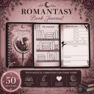 Puede incluir: Un diario de lectura Romantasy de espiral en tonos morados y negros. La portada muestra un dragón sobre una luna creciente encima de una espada. Las páginas interiores incluyen un rastreador de estantería y una plantilla de reseña con campos para título, género, autor, calificación y nivel de picante. El diseño incluye motivos florales y lunares.