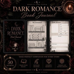 Puede incluir: Un diario de lectura digital Dark Romance con portada negra, diseño de calavera y rosas, página de seguimiento de estantería y plantilla de reseñas. El diseño incluye secciones para títulos, autores, valoraciones y citas.