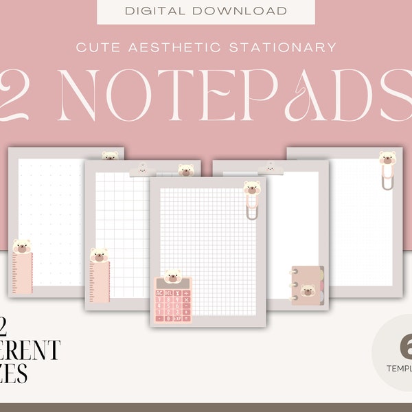 Cute Aesthetic Digital Notepads- 12 Chic Designs in 2 Sizes with Animal Accents - Instant Download