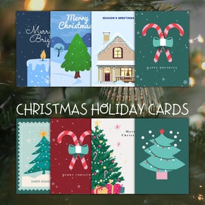8 Printable Holiday Card Collection - Unique & Festive Christmas New Year Greeting Cards -Illustrated Seasonal Wishes Set